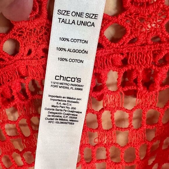 Chico’s Womens Crocheted Swim Beach Knit Cover Up Cherry Red VNeck Pullover OS - Picture 4 of 5